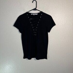 Pam and Gela Top Womens Medium Tie Neck Short Sleeve Black Cleavage